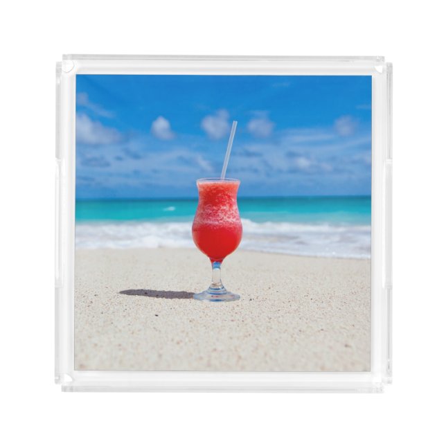 Red Cocktail by the Sea Photo Acrylic Tray (Front)
