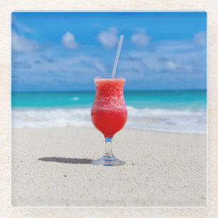 Red Cocktail by the Sea Photo Glass Coaster