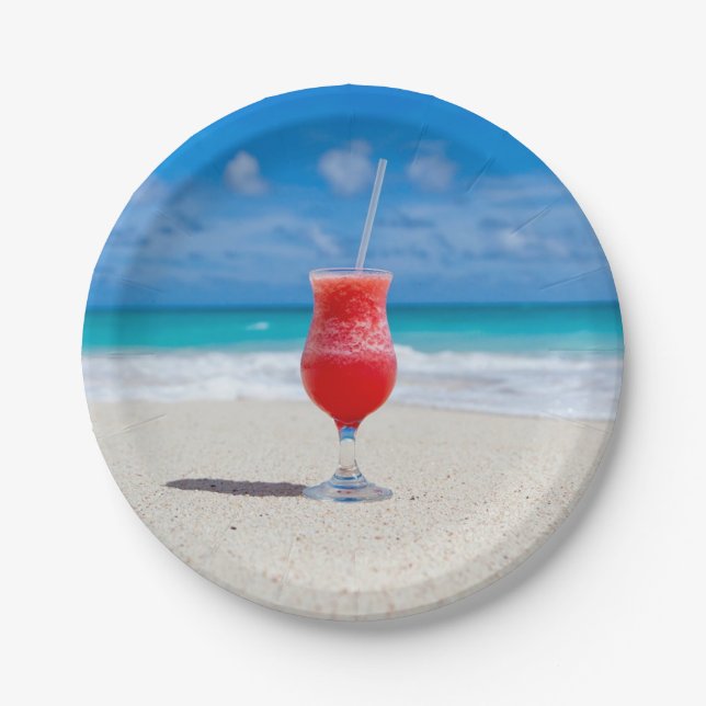 Red Cocktail by the Sea Photo Paper Plates (Front)