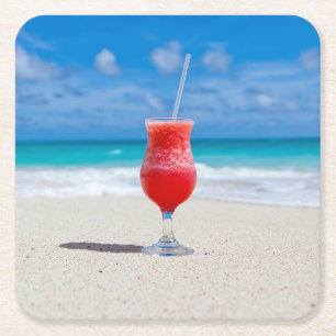 Red Cocktail by the Sea Photo Square Paper Coaster