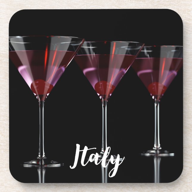 Red cocktails in martini glass with cherry beverage coaster (Front)