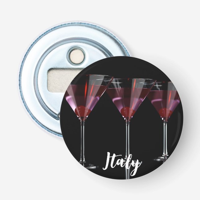 Red cocktails in martini glass with cherry bottle opener (Front)