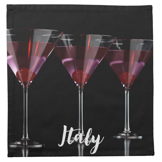 Red cocktails in martini glass with cherry cloth napkin (Front)