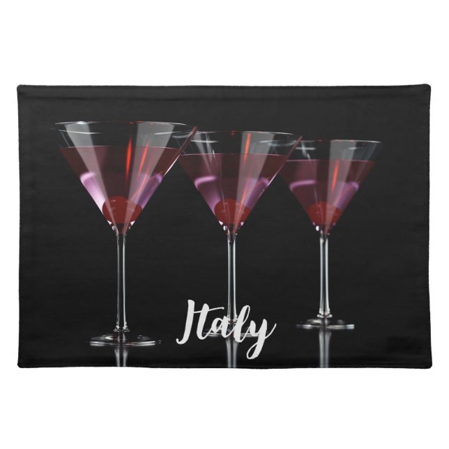 Red cocktails in martini glass with cherry cloth placemat (Front)