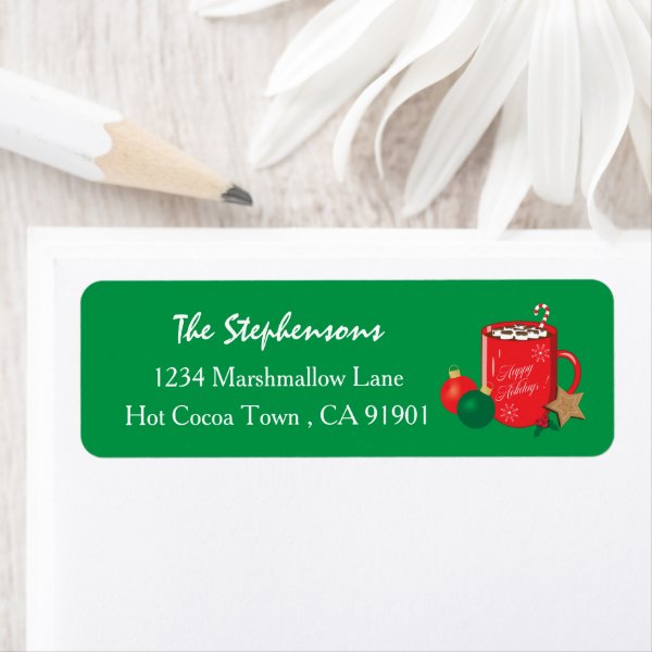 Red Cocoa Mug Green Holiday Return Address Labels - Custom ...