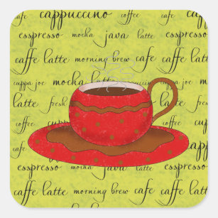 Red Coffee Cup Art on Lime Green Script Words Square Sticker