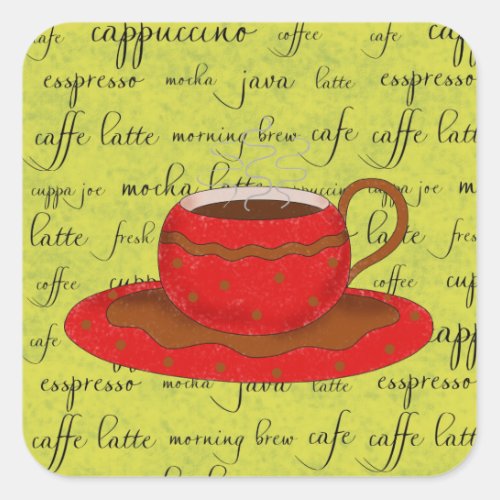 Red Coffee Cup Art on Lime Green Script Words Square Sticker