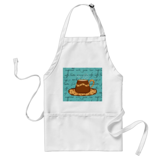 Red Coffee Cup Art on  Turquoise Script Words Adult Apron (Front)