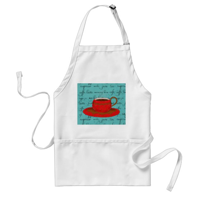 Red Coffee Cup Art on  Turquoise Script Words Adult Apron (Front)