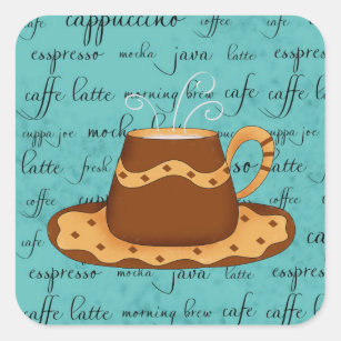 Red Coffee Cup Art on  Turquoise Script Words Square Sticker