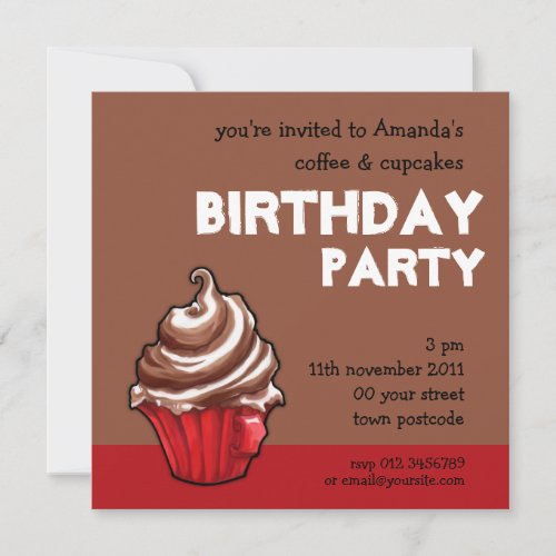 Red Coffee Cupcake coffee Birthday Invitation