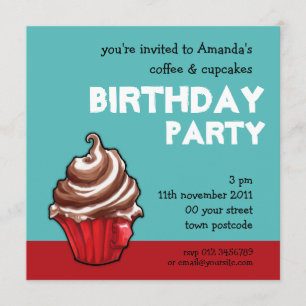 Red Coffee Cupcake teal Birthday Invitation