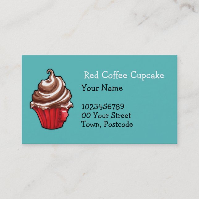 Red Coffee Cupcake teal Business Card (Front)