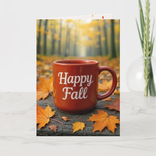 Red Coffee Mug With Autumn Leaves Card (Front)