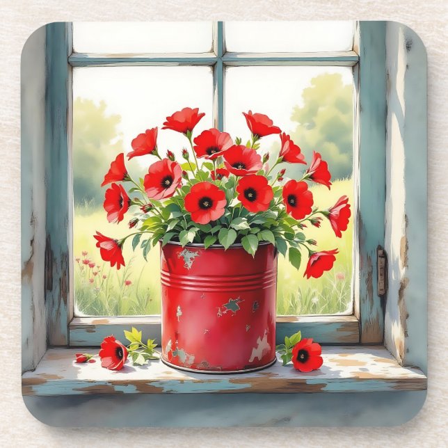Red Coffee Tin of Red Poppies Beverage Coaster (Front)
