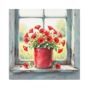 Red Coffee Tin of Red Poppies Metal Print