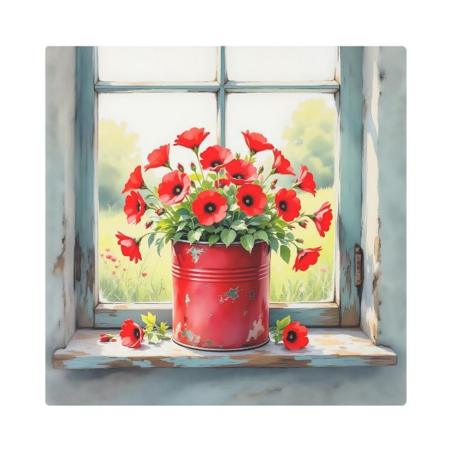 Red Coffee Tin of Red Poppies Metal Print (Front)