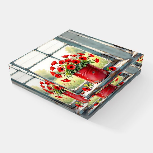 Red Coffee Tin of Red Poppies Paperweight (Angled)