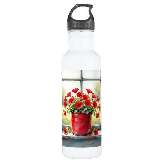 Red Coffee Tin of Red Poppies Stainless Steel Water Bottle (Front)