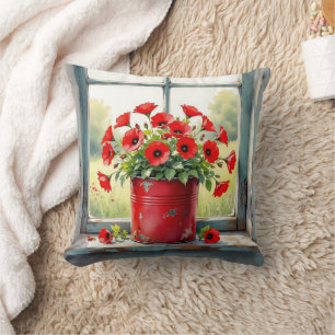 Red Coffee Tin of Red Poppies Throw Pillow