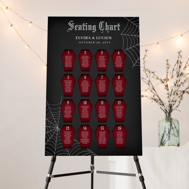 Red Coffin Spiderweb Wedding 16 Seating Chart Foam Board (In Situ (Stand))