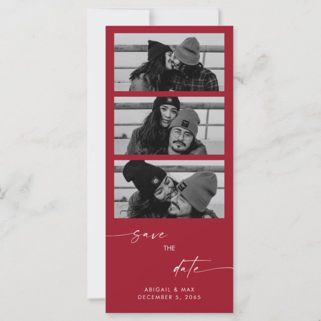 Red Collage B/W Photo Long Wedding Save the Date (Front)