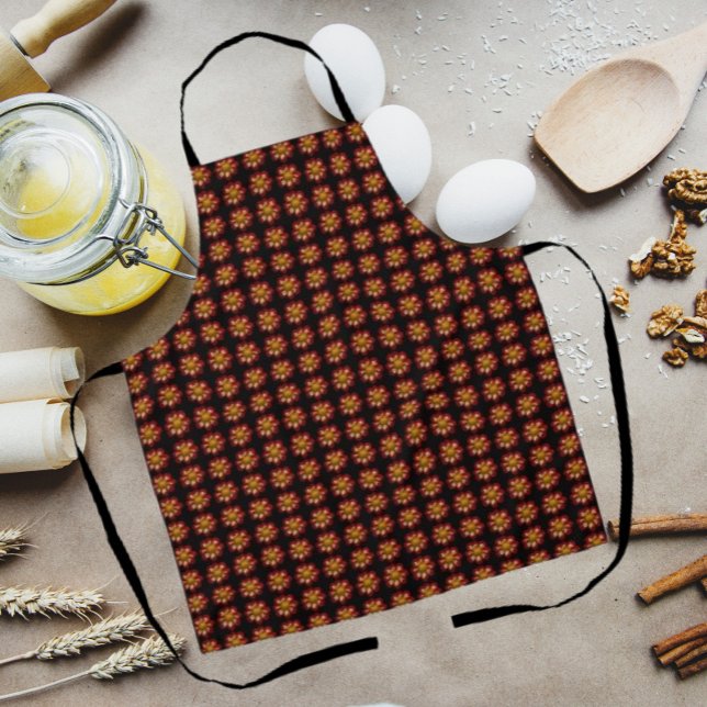 Red Collarette Dahlia Floral Pattern on Black Apron (In Situ Kitchen)