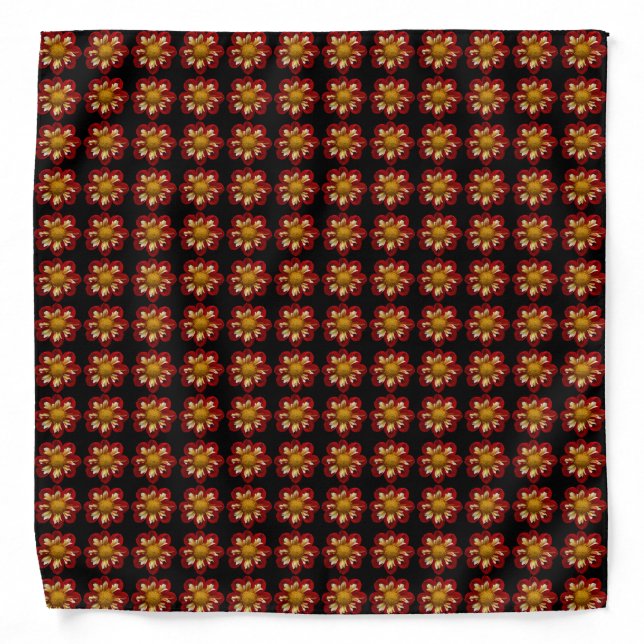 Red Collarette Dahlia Floral Pattern on Black Bandana (Front)
