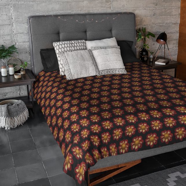 Red Collarette Dahlia Floral Pattern on Black Duvet Cover (In Situ)