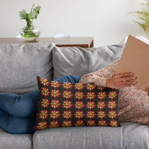 Red Collarette Dahlia Floral Pattern on Black Lumbar Pillow