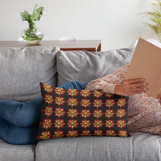 Red Collarette Dahlia Floral Pattern on Black Lumbar Pillow (In Situ Sofa)