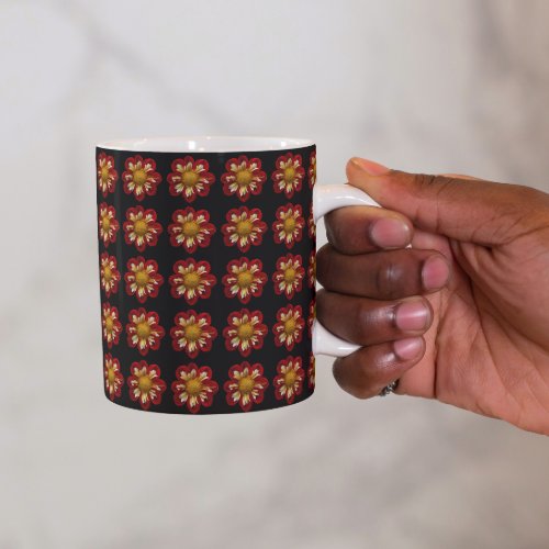 Red Collarette Dahlia Floral Pattern on Black Mug