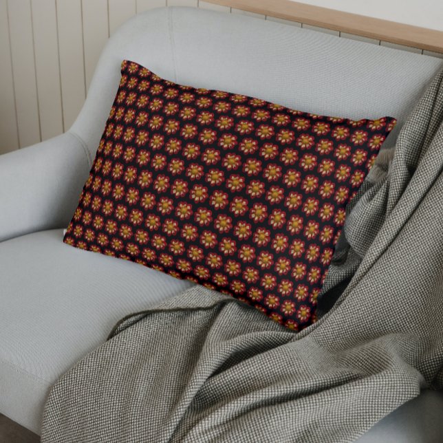 Red Collarette Dahlia Floral Pattern on Black Pillow Case (In Situ)