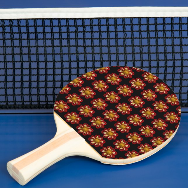 Red Collarette Dahlia Floral Pattern on Black Ping Pong Paddle (Insitu)