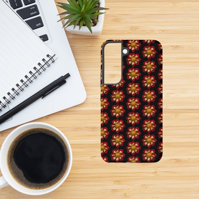 Red Collarette Dahlia Floral Pattern on Black Samsung Galaxy Case (In Situ)