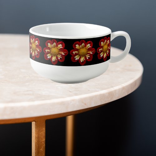 Red Collarette Dahlia Floral Pattern on Black Soup Mug