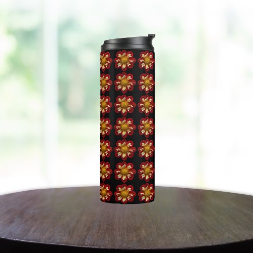 Red Collarette Dahlia Floral Pattern on Black Thermal Tumbler