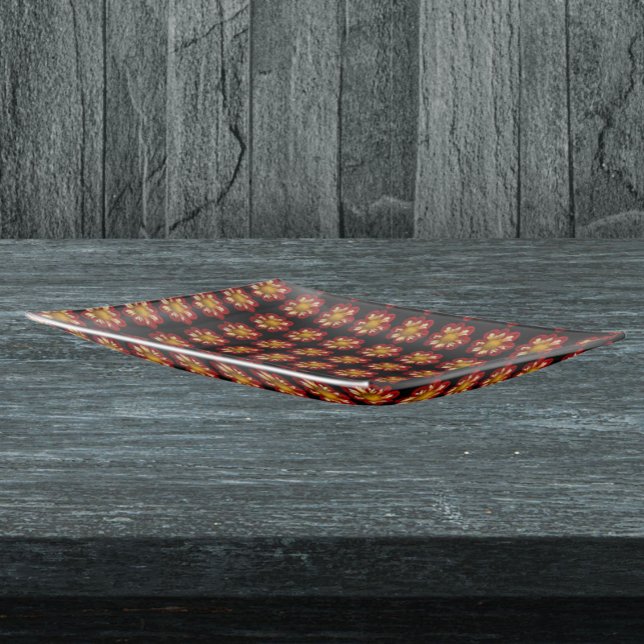 Red Collarette Dahlia Floral Pattern on Black Trinket Tray (In Situ)