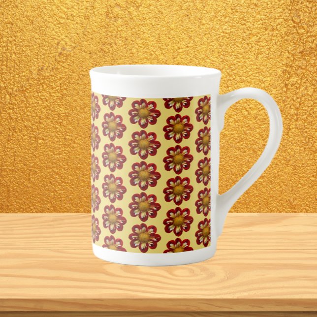 Red Collarette Dahlia Floral Pattern on Yellow Bone China Mug (In Situ)
