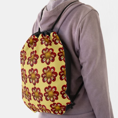 Red Collarette Dahlia Floral Pattern on Yellow Drawstring Bag