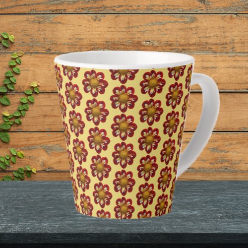 Red Collarette Dahlia Floral Pattern on Yellow Latte Mug
