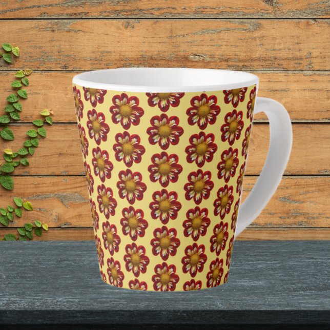 Red Collarette Dahlia Floral Pattern on Yellow Latte Mug (In Situ)