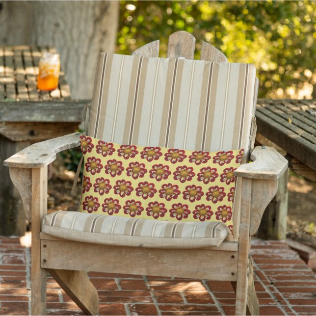 Red Collarette Dahlia Floral Pattern on Yellow Lumbar Pillow (Chair)