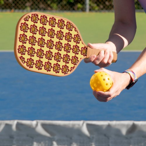 Red Collarette Dahlia Floral Pattern on Yellow Pickleball Paddle