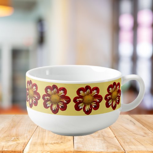Red Collarette Dahlia Floral Pattern on Yellow Soup Mug