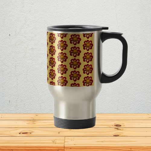 Red Collarette Dahlia Floral Pattern on Yellow Travel Mug