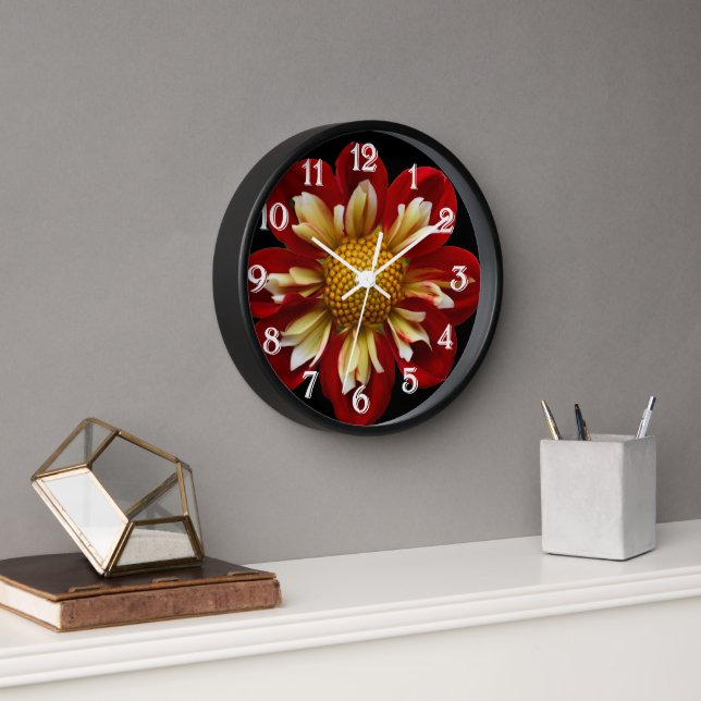 Red Collarette Dahlia on Black Floral Clock (Office)