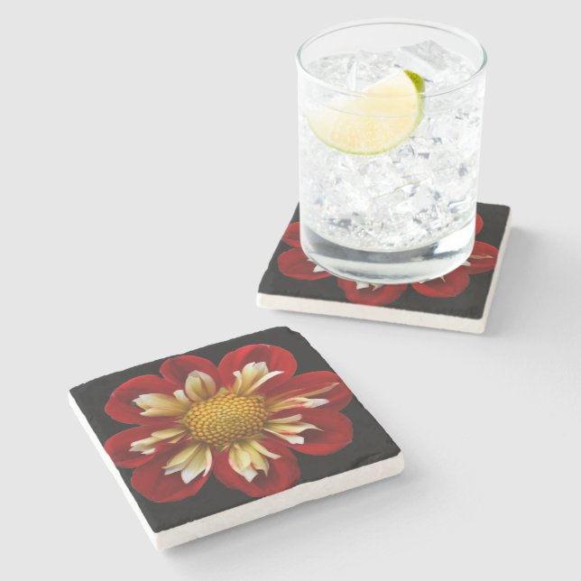 Red Collarette Dahlia on Black Floral Stone Coaster (Side)