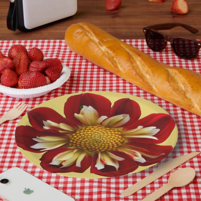 Red Collarette Dahlia on Yellow Floral Paper Plates (Picnic)