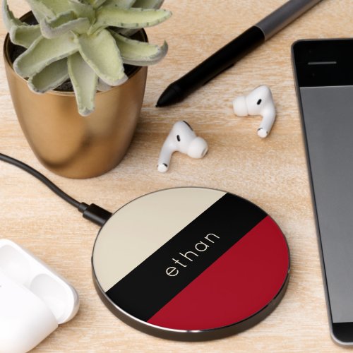 Red Color Block Stripes with Name Wireless Charger